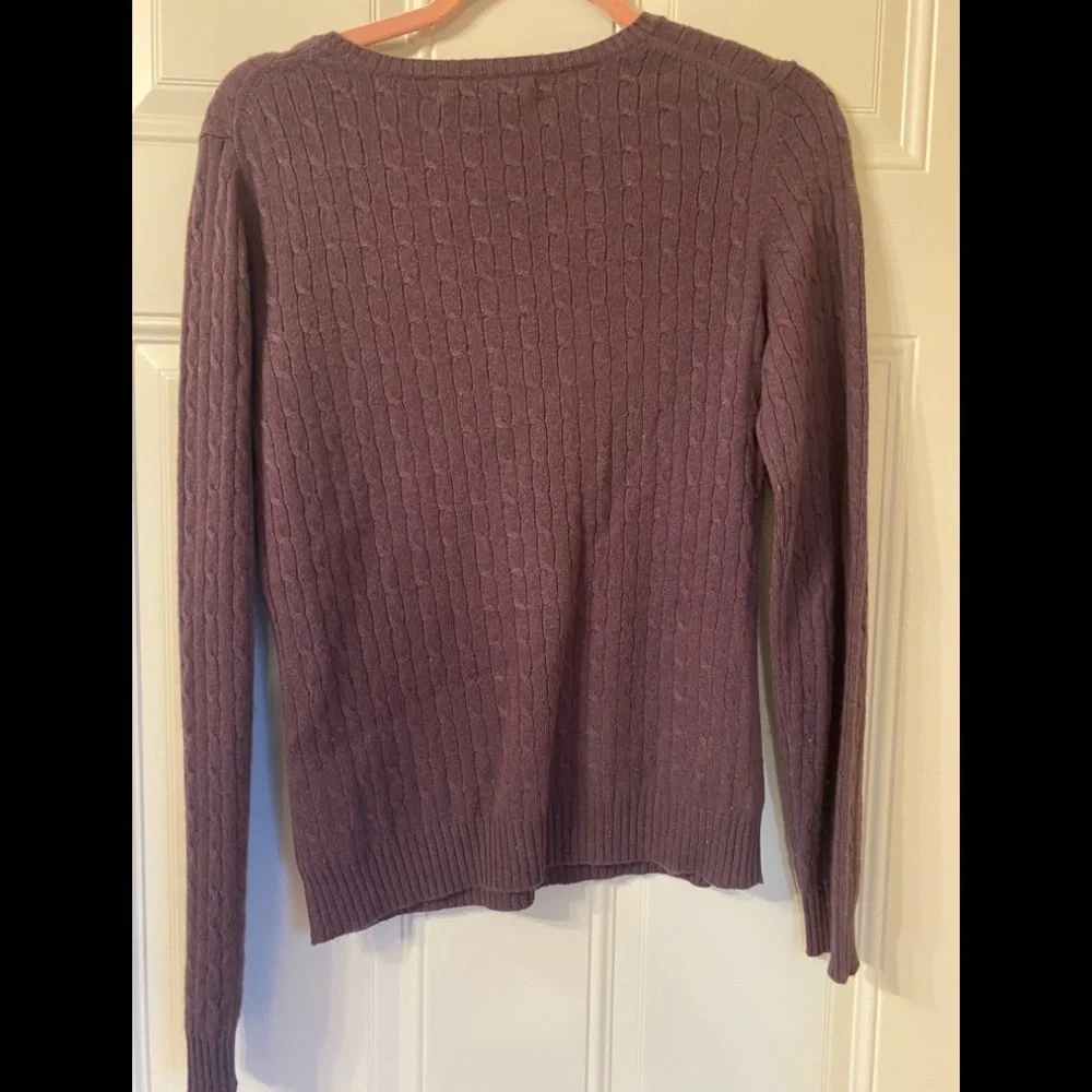 100% Cashmere Cable Knit V Neck Sweater Small Muted Purple Pullover Soft Cozy